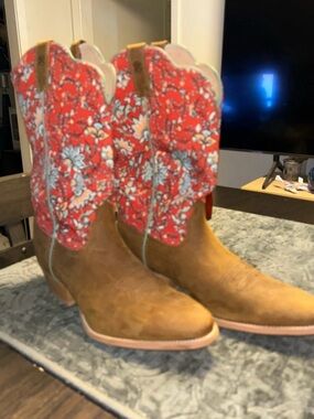 Twisted X Tan Suede Cowboy Boots with Red Floral Shaft